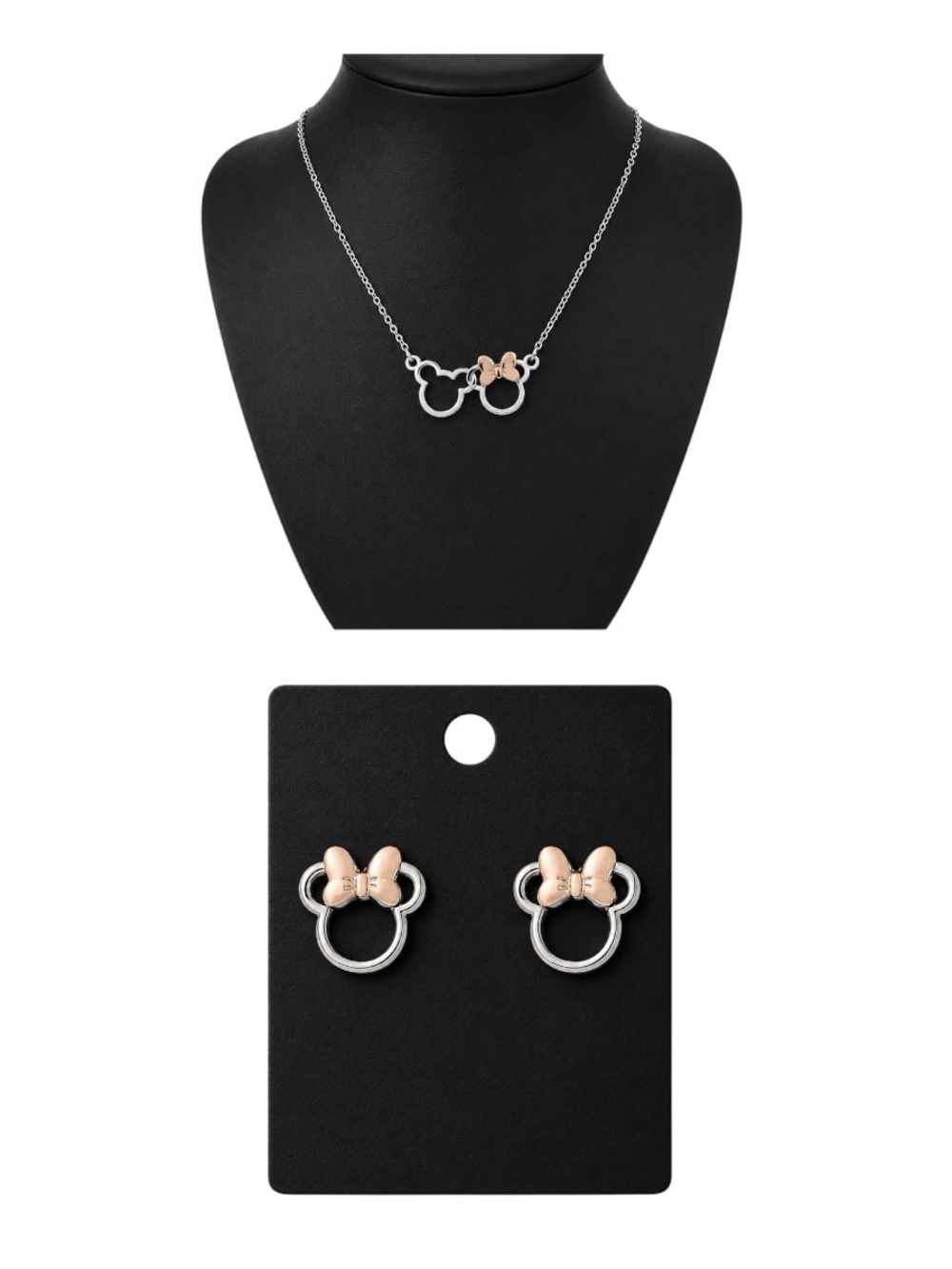 NWOT Womens or Girls Silver-Tone Disney Minnie & Mickey Necklace & Earrings Set